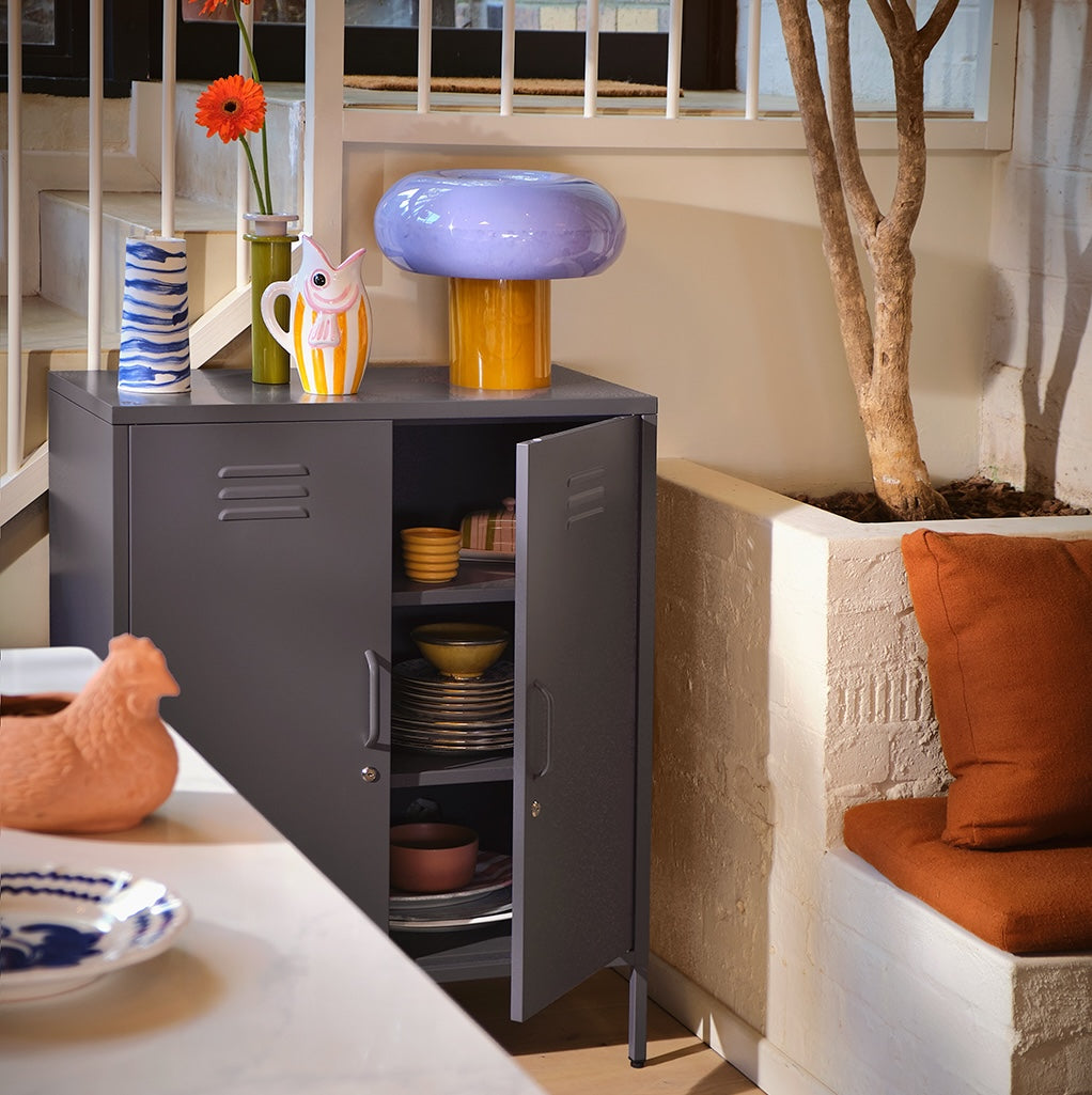 Gray metal cabinet with open door displaying various items in a room with a plant and decorative objects.